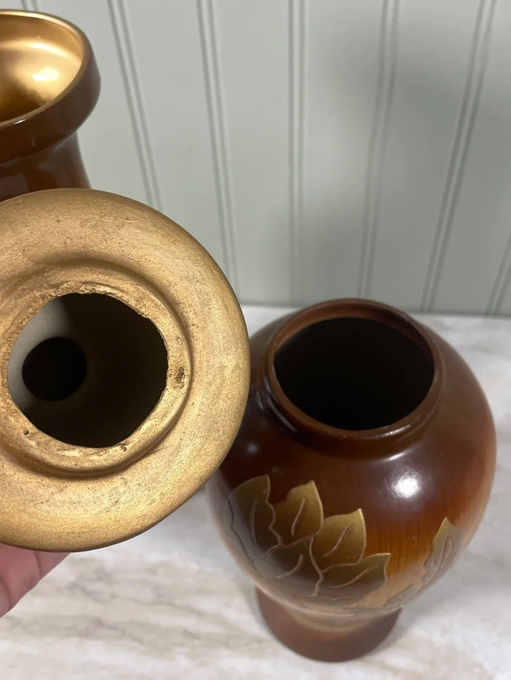 Vintage Floral Woodgrain Vase and Lidded Ginger Jar Set